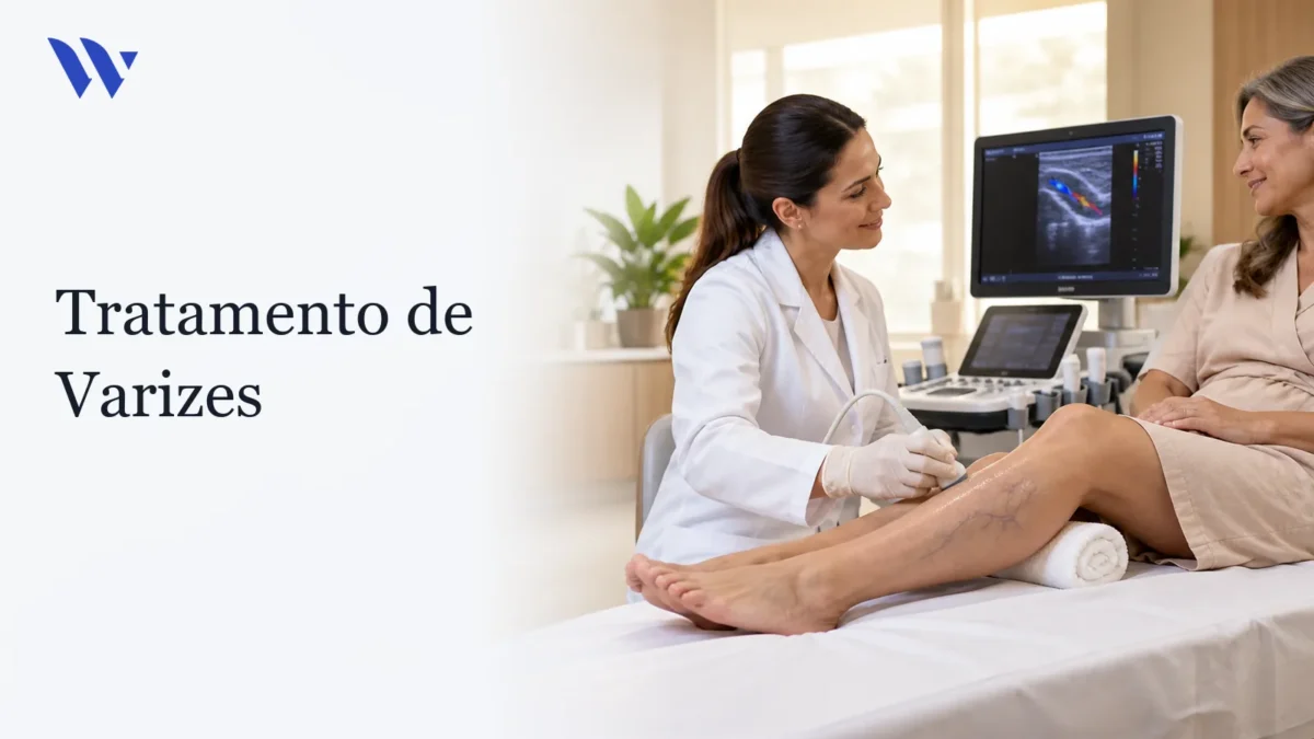Dermatologista da Clínica Wulkan avaliando paciente em consultório — Tratamento de Varizes
