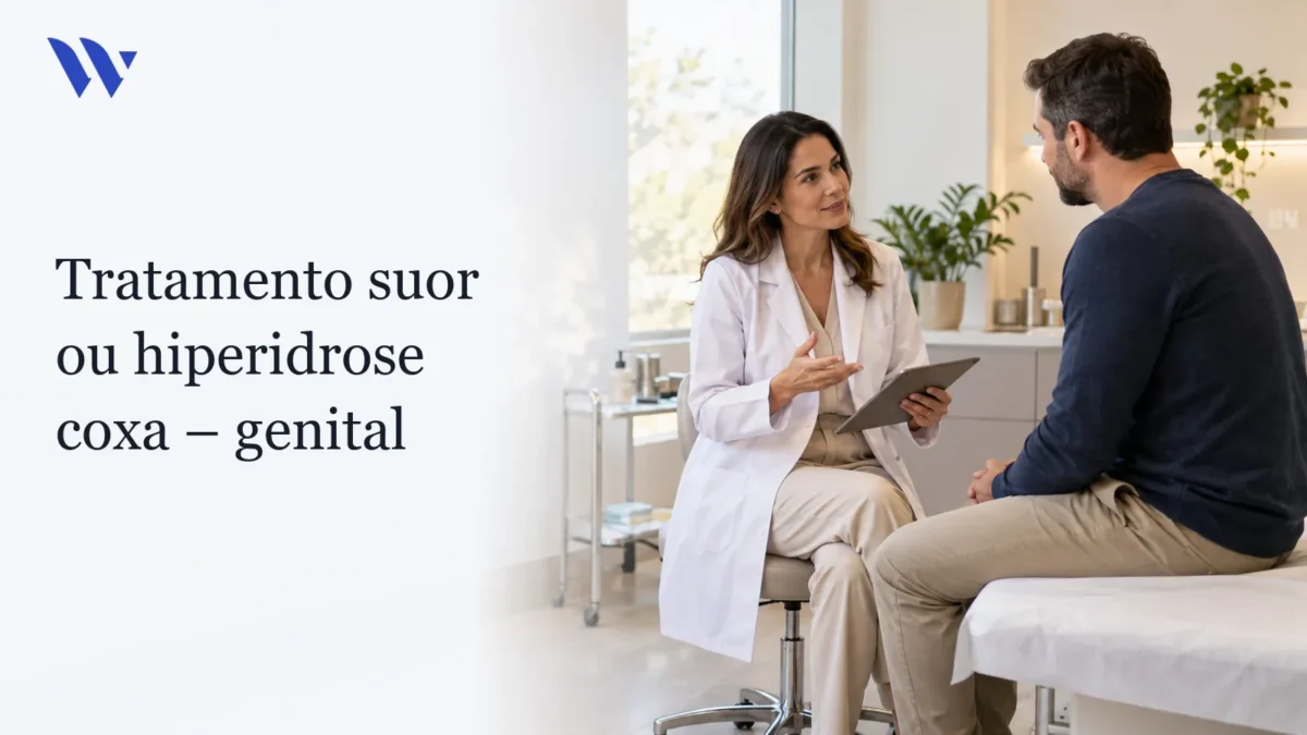 Tratamento suor ou hiperidrose coxa – genital — Clínica Wulkan Dermatologista da Clínica Wulkan avaliando paciente em consultório — Tratamento suor ou hiperidrose coxa – genital