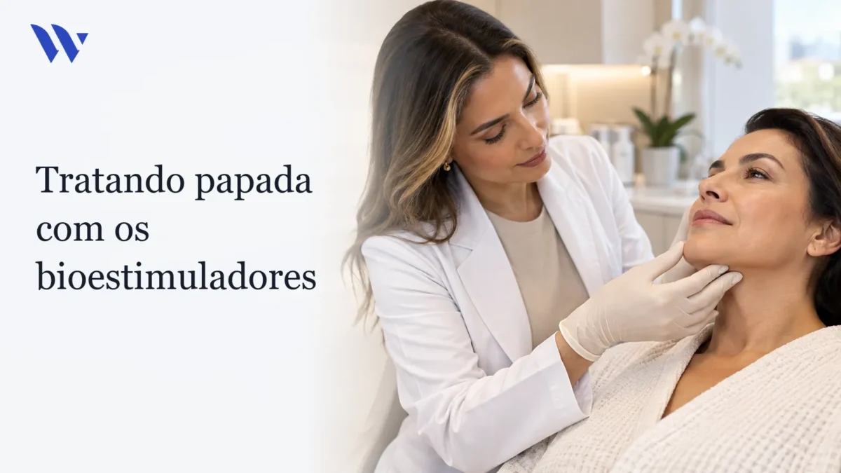 Dermatologista da Clínica Wulkan avaliando paciente em consultório — Tratando papada com os bioestimuladores