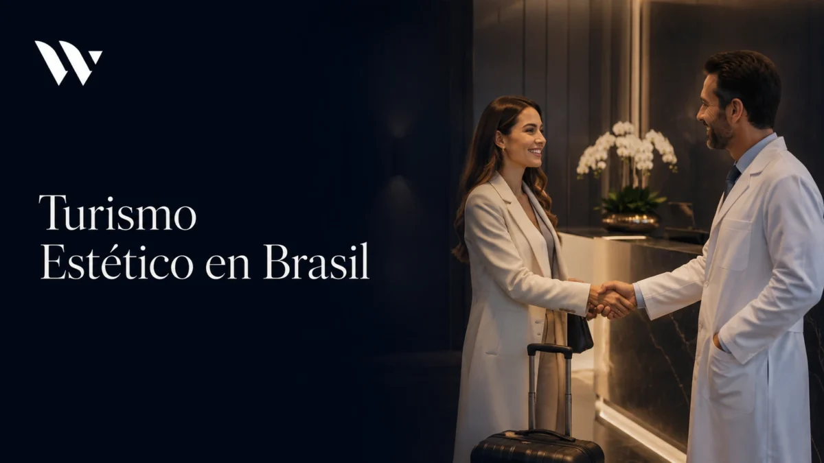 Paciente chegando com mala e sendo recebida por médico na recepção da clínica — turismo estético en Brasil
