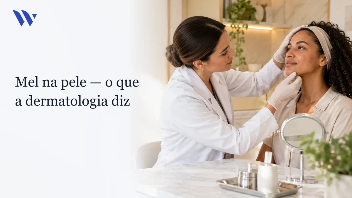 Uso do mel nas terapias de pele. — Clínica Wulkan Dermatologista da Clínica Wulkan avaliando paciente em consultório — Uso do mel nas terapias de pele.